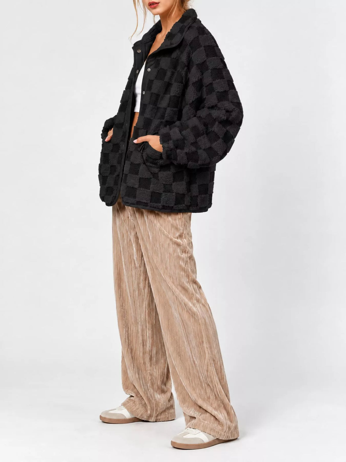 Oversized Checkerboard Faux Fur Teddy Jacket