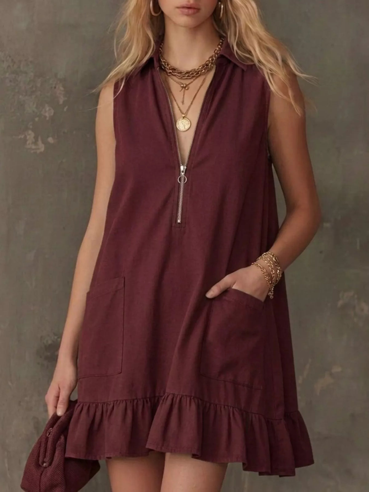Collared Zip-Front Ruffle Hem Dress