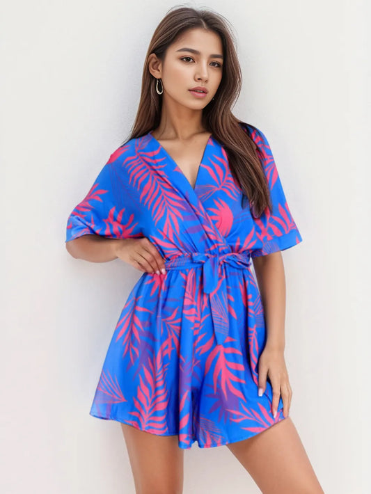 Printed Surplice Half-Sleeve Romper