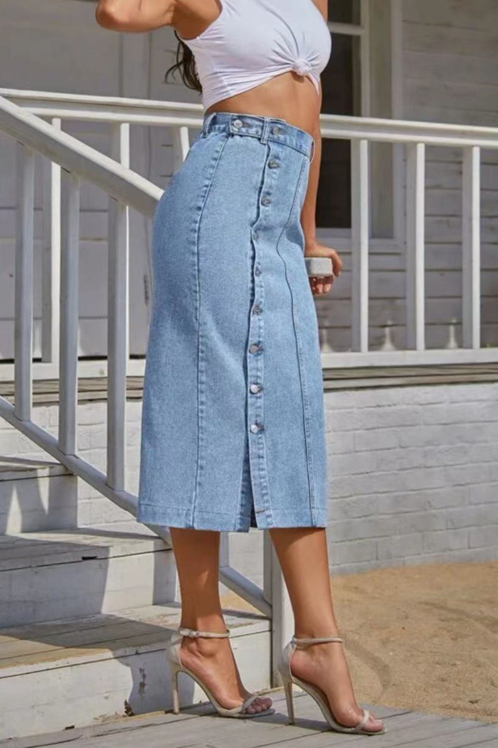 Buttoned Slit Denim Skirt in Light Wash by DE.C.H & K.M