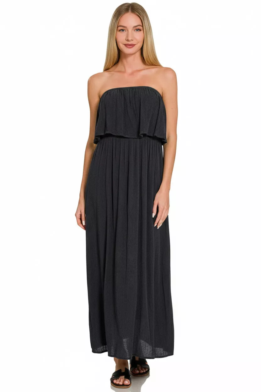 Zenana Crinkle Strapless Maxi Dress in Black