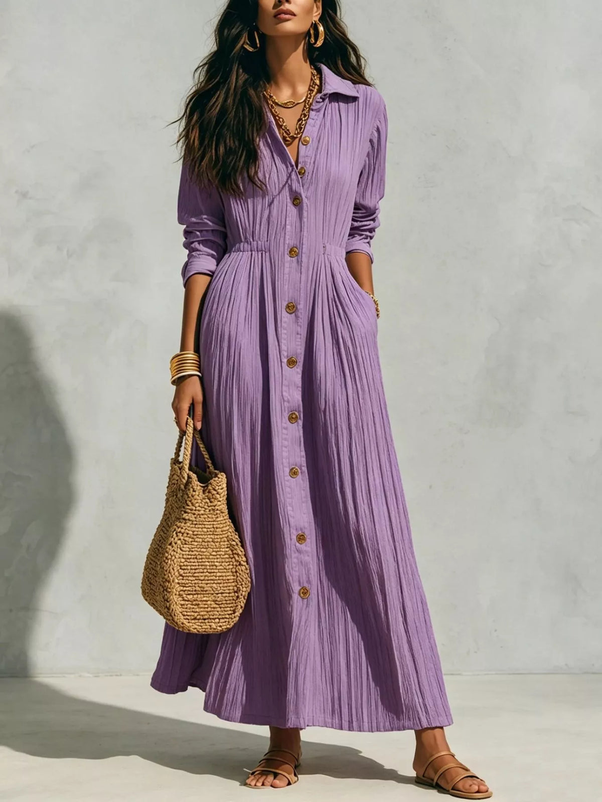 Textured Button Front Long Sleeve Maxi Dress