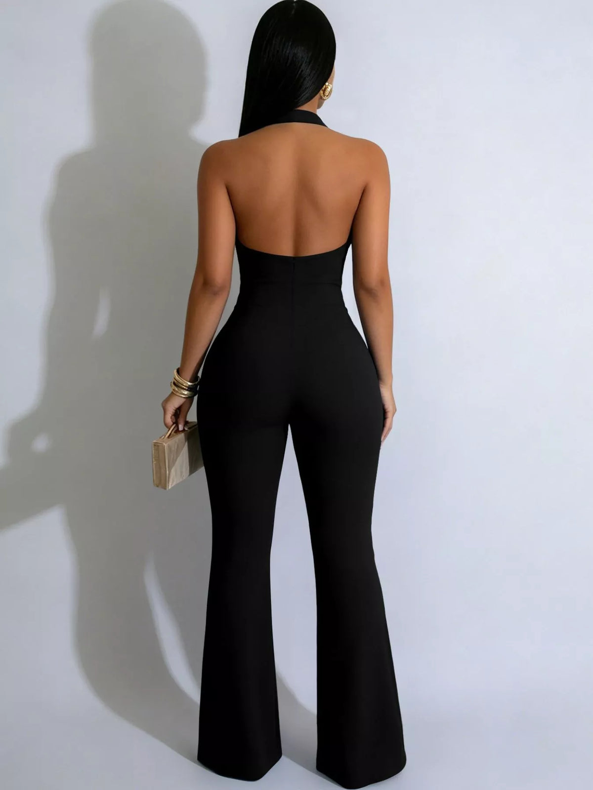 Halter Neck Cutout Flare Jumpsuit