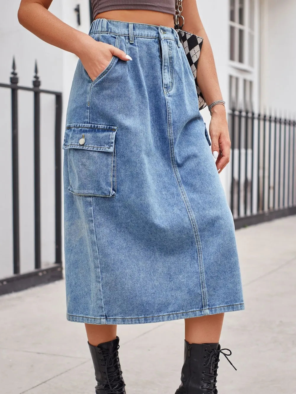 Slit Buttoned Denim Skirt with Pockets by Manny