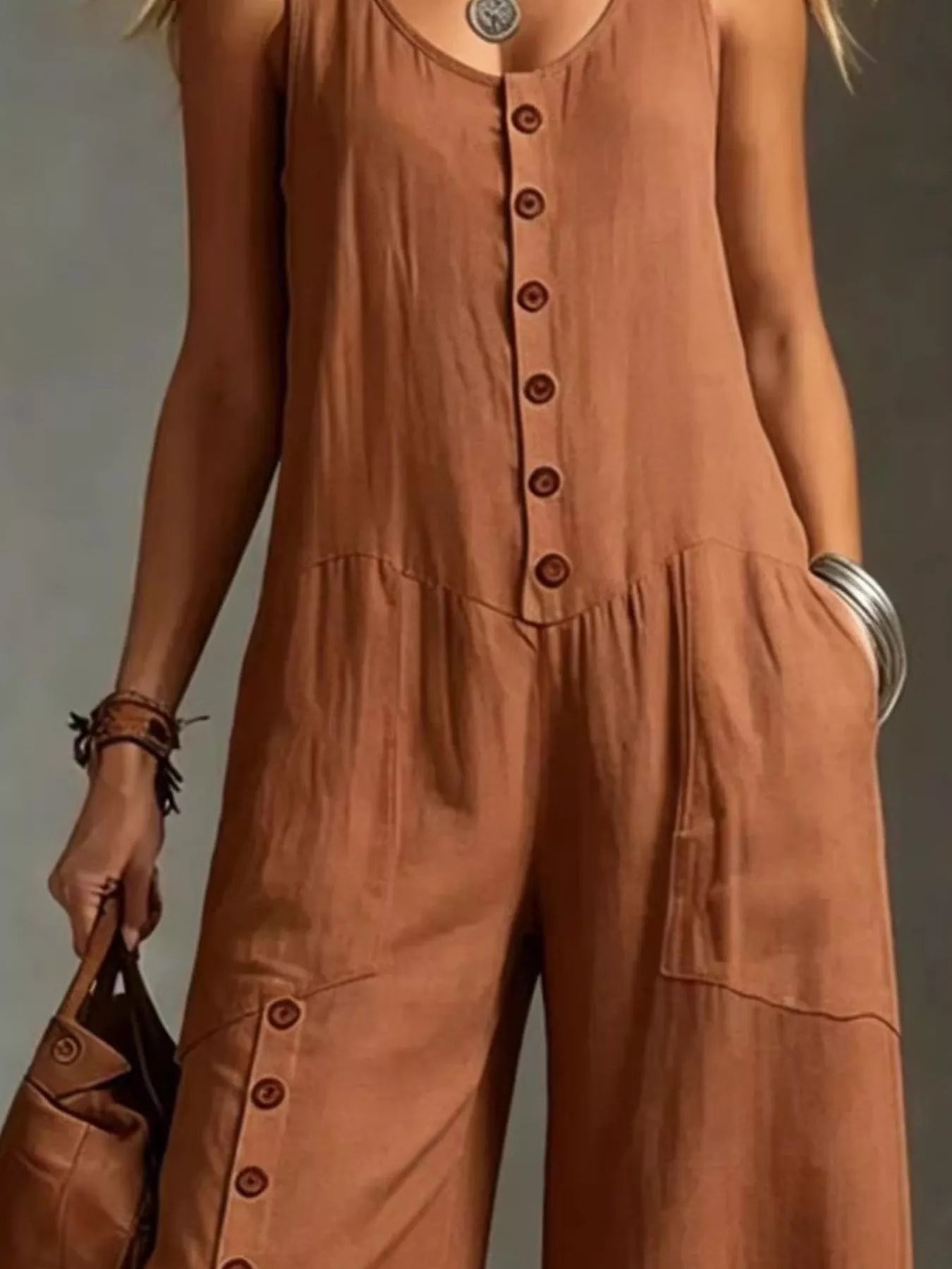 Sleeveless Button-Down Wide-Leg Jumpsuit