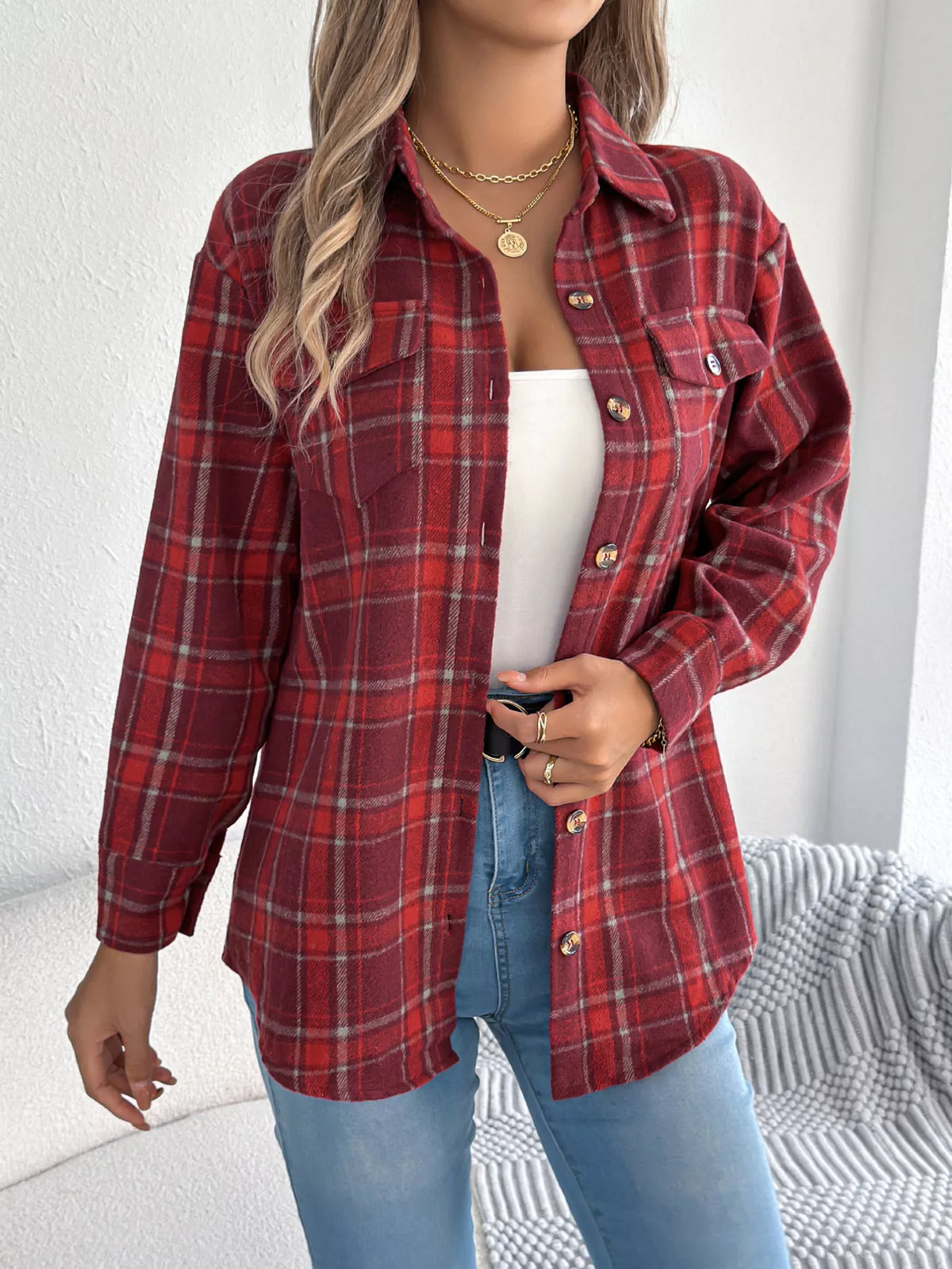 Plaid Button-Down Shacket by Clise