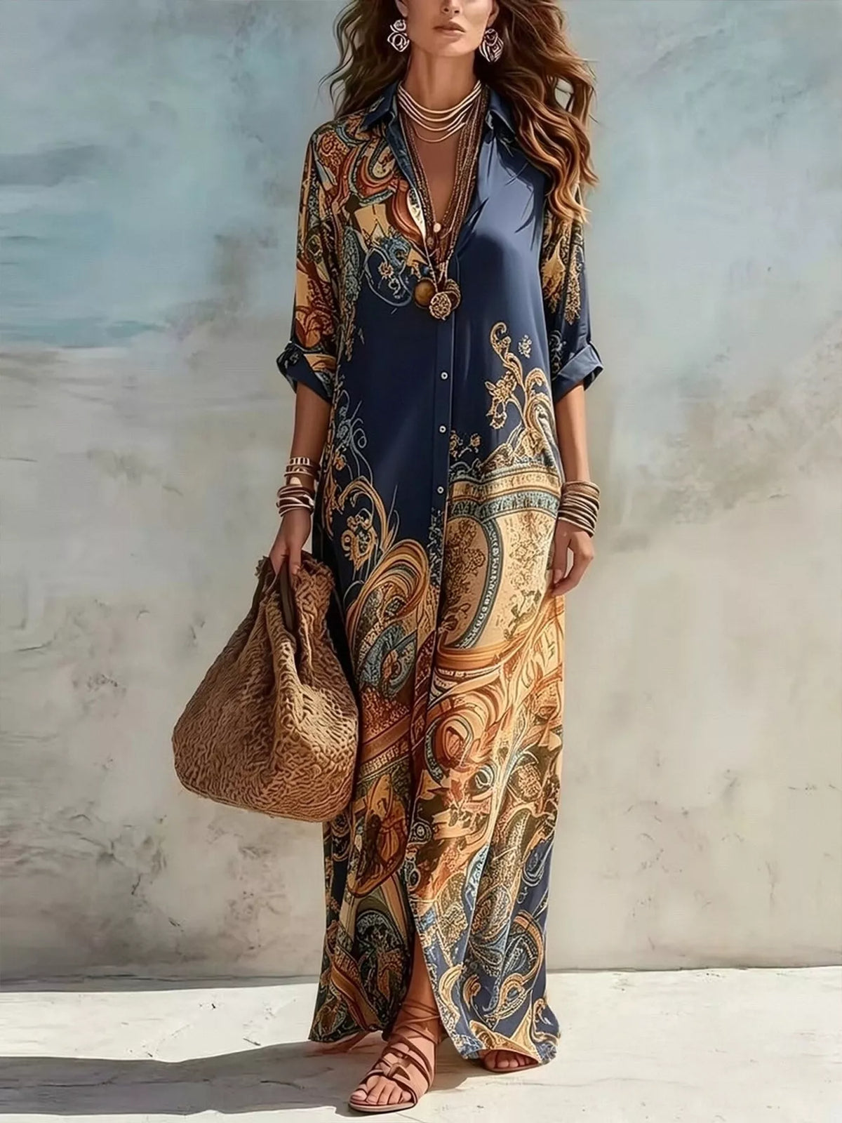 Printed Button-Down Shirt Maxi Dress