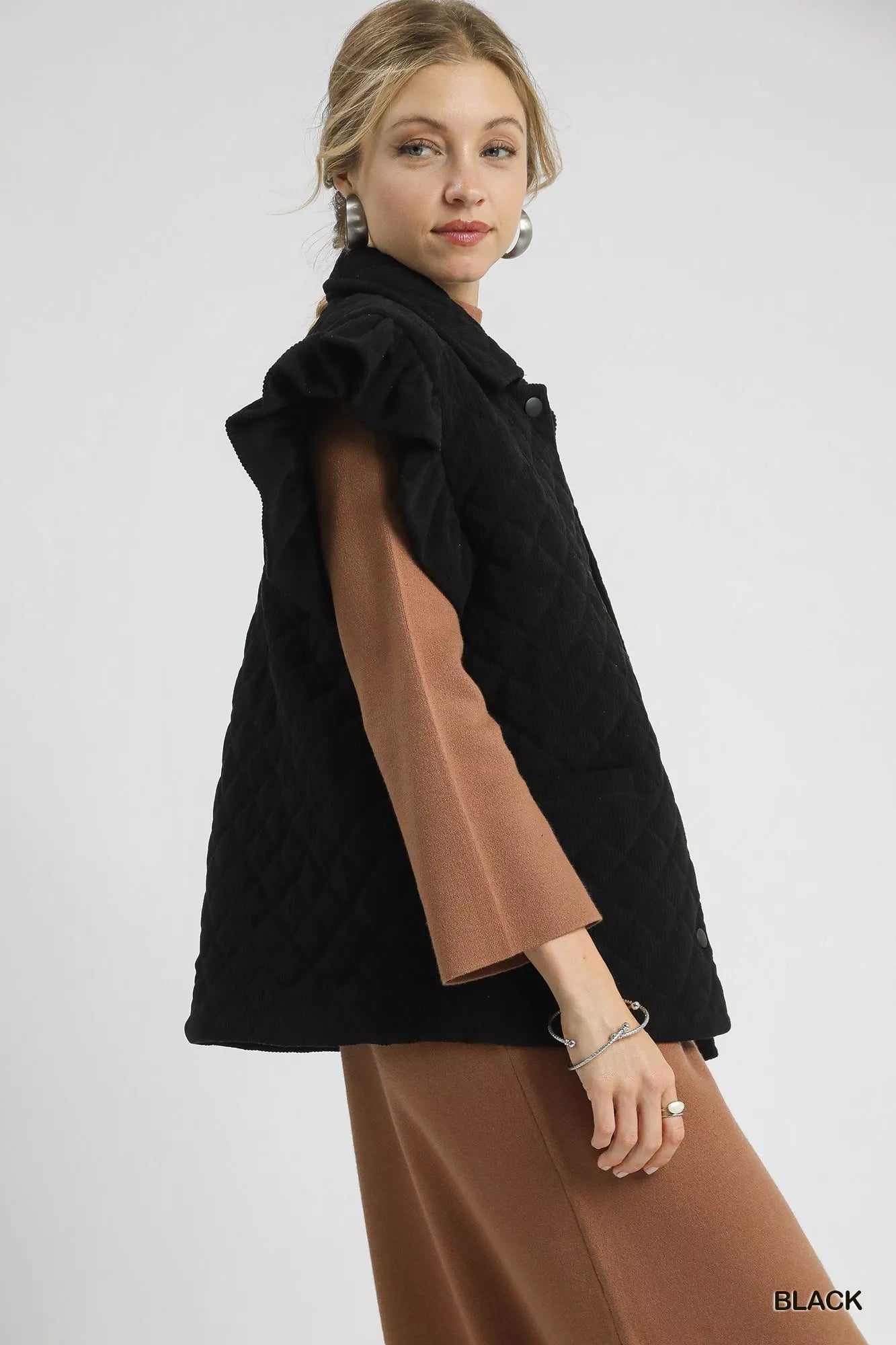 Umgee Corduroy Ruffle Sleeve Vest in Black