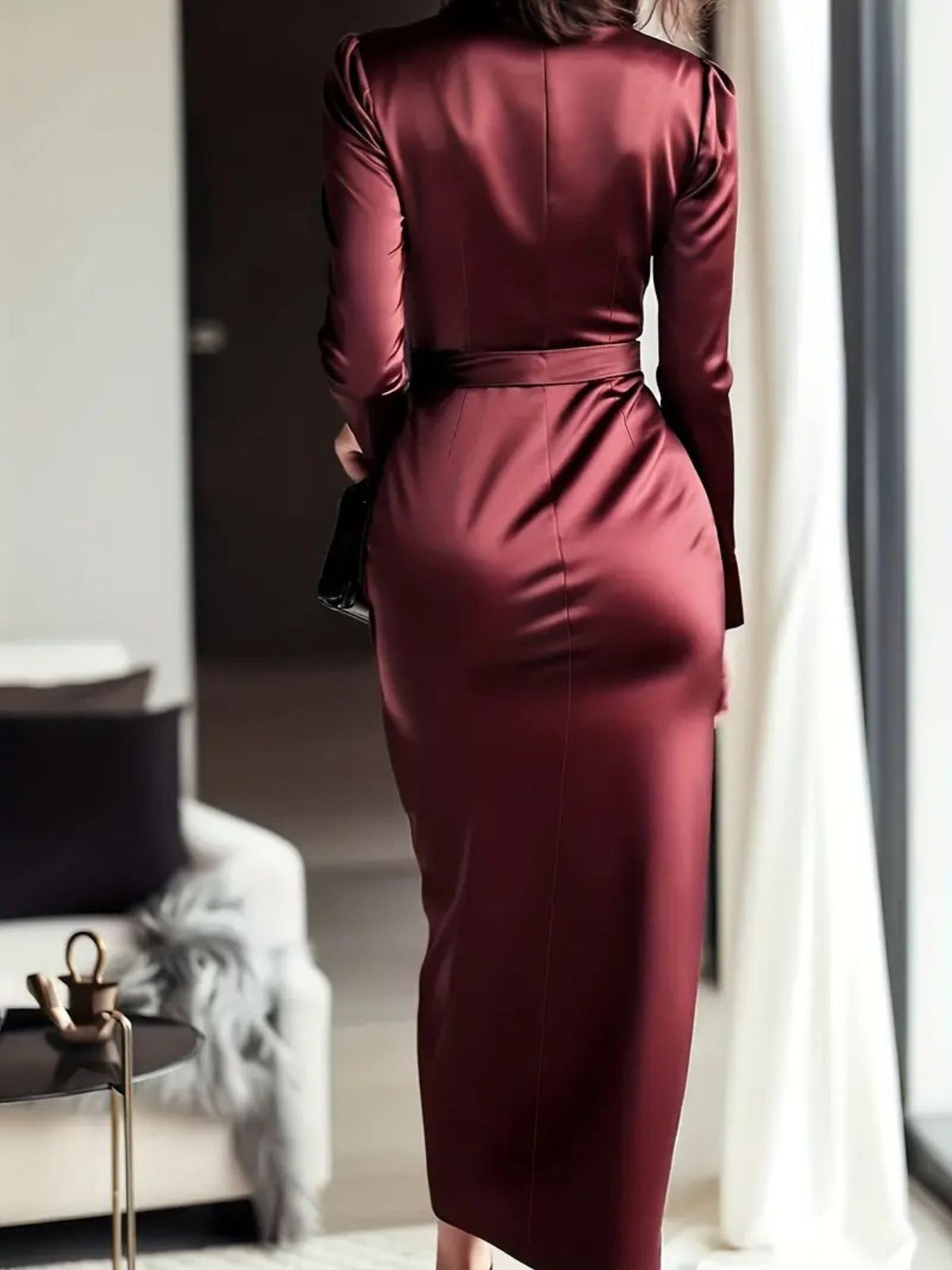Satin Tie-Waist Long-Sleeve Dress