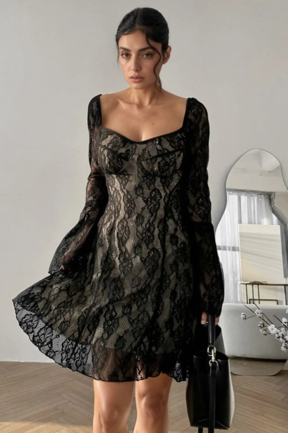 Lace Sweetheart Neck Flare Sleeve Mini Dress in Black