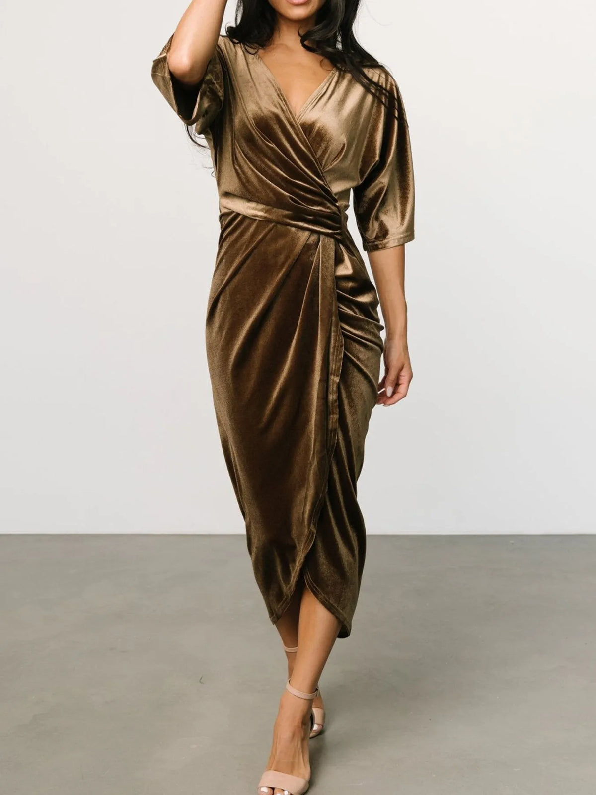 Ruched Surplice Half Sleeve Dress