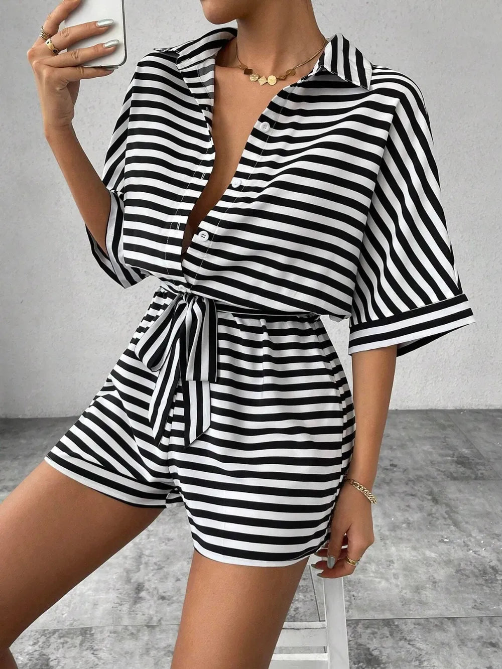 Half-Button Tie Waist Striped Romper