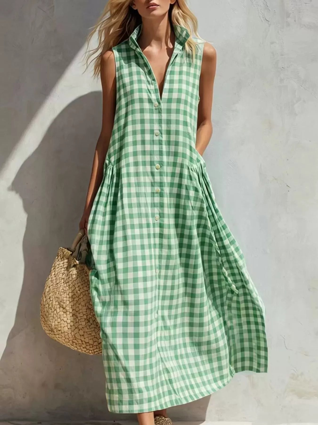Gingham Button-Down Midi Dress