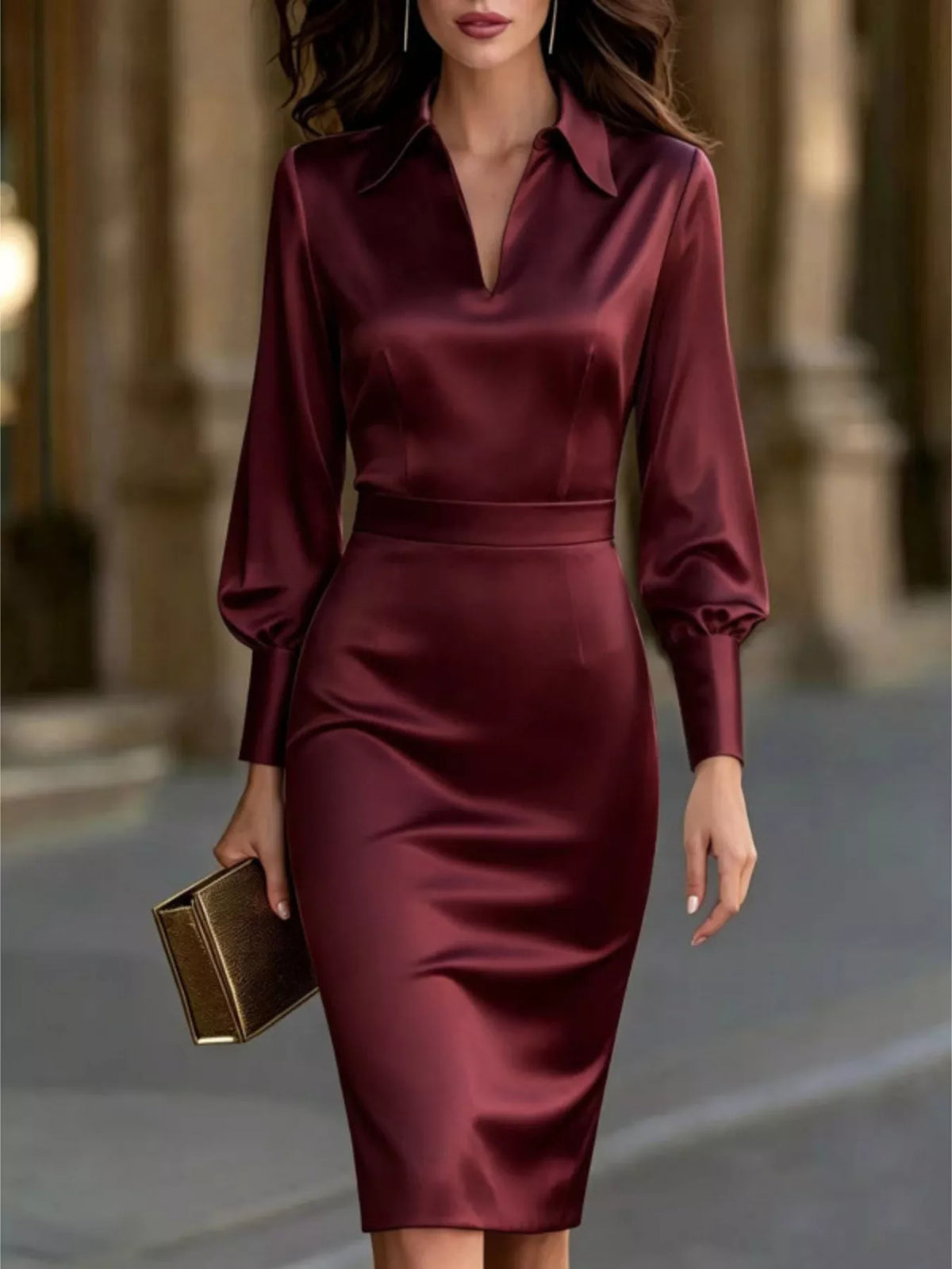 Satin Lantern Sleeve Midi Dress