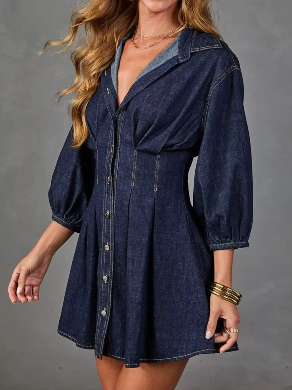Button Down 3/4 Sleeve Denim Dress in Dark Blue