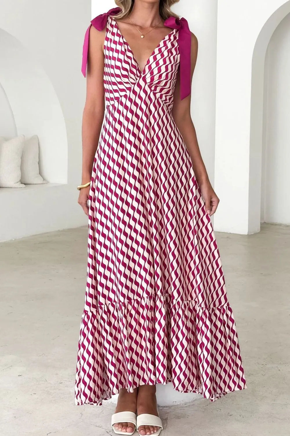 Printed Tie-Shoulder Ruched V-Neck Midi Dress