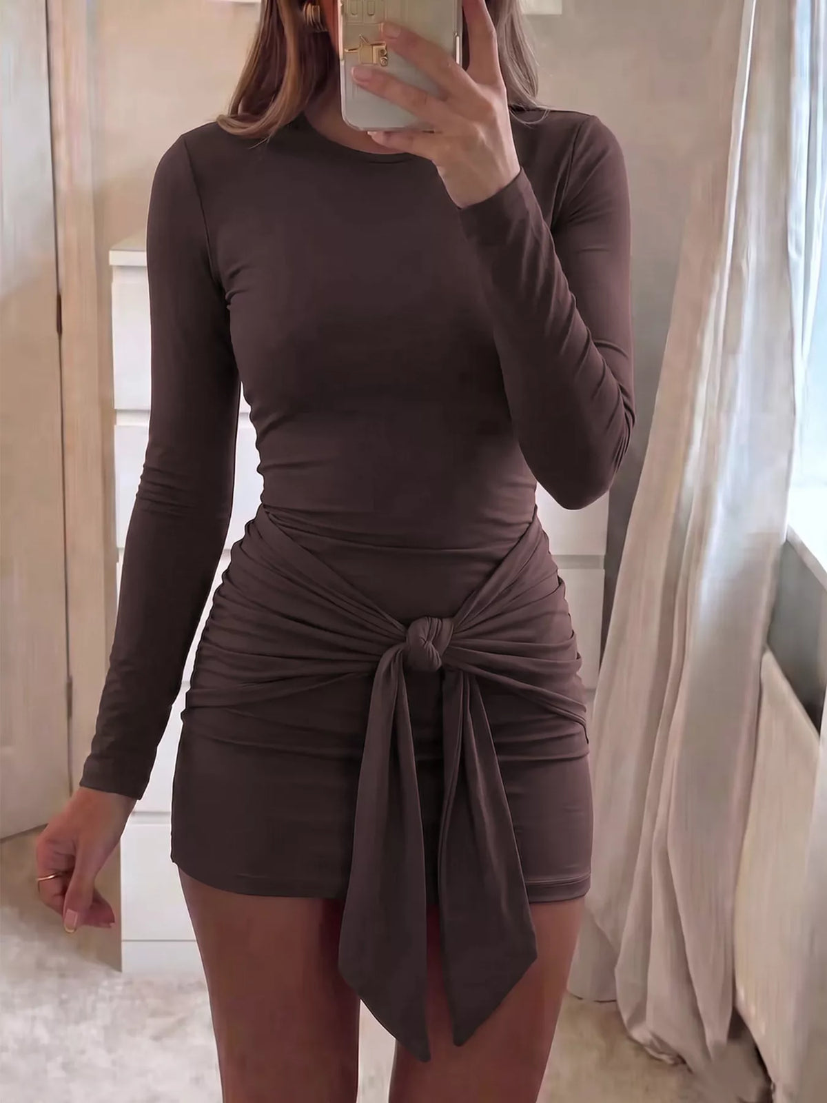 Tie-Front Bodycon Dress in Brown