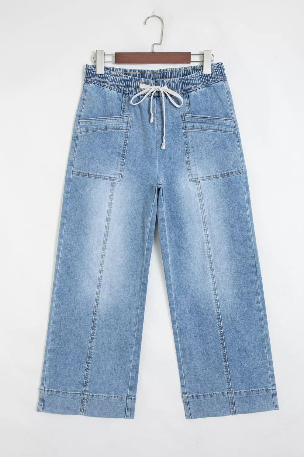 Drawstring Wide Leg Ankle Jeans in Light Blue