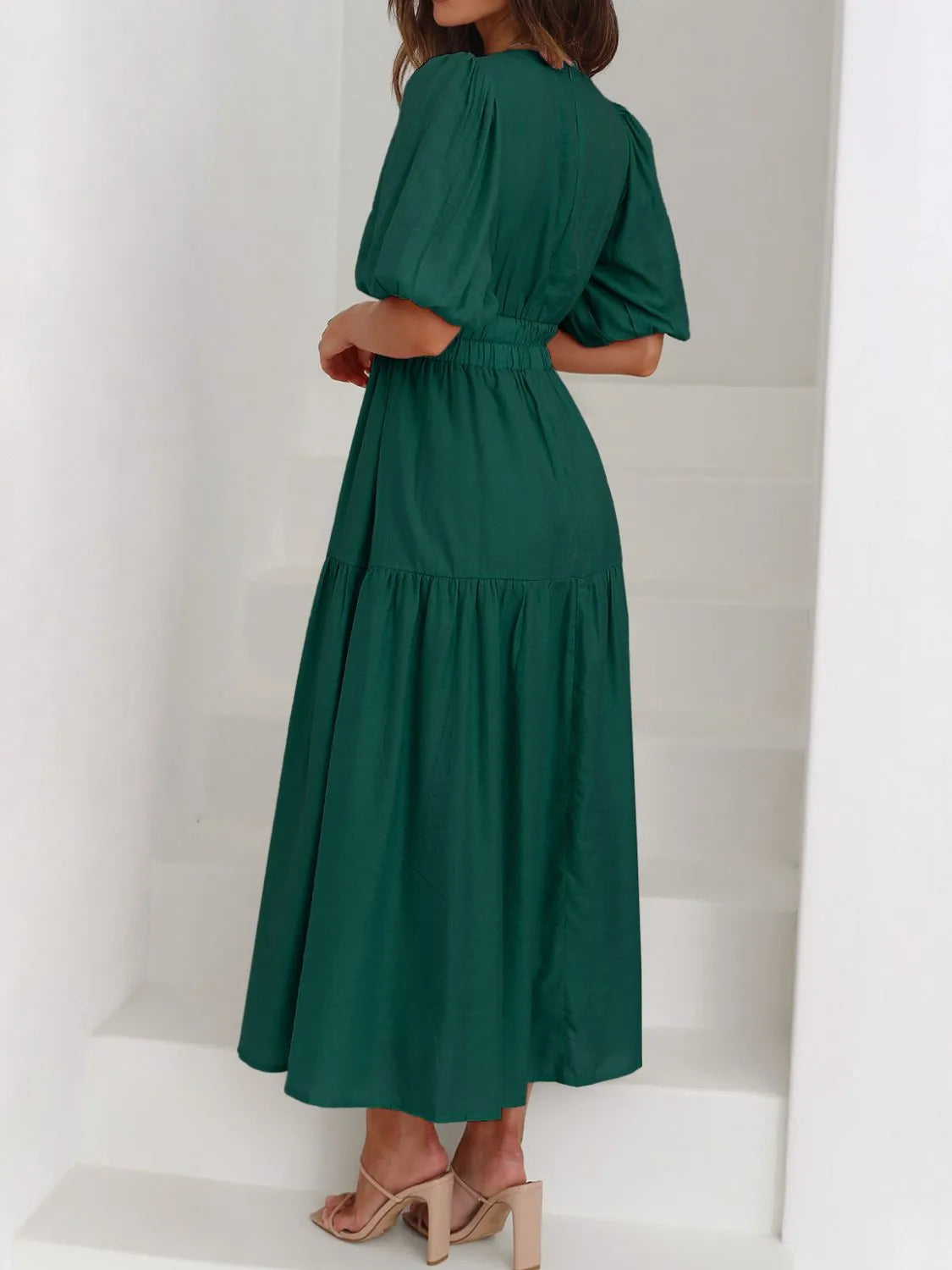V-Neck Puff Sleeve Ruched Midi Dress