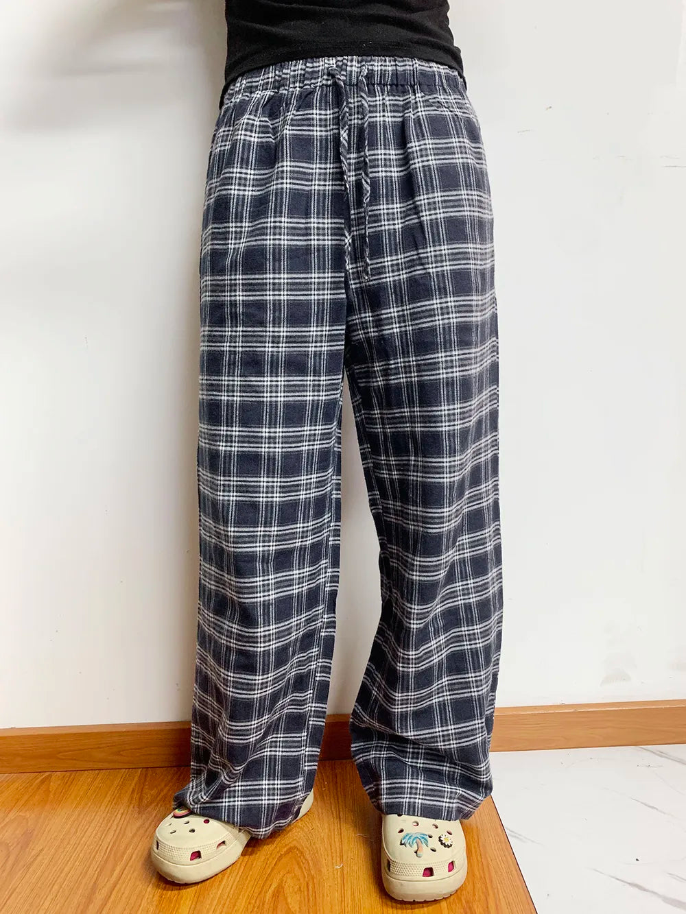 Plaid Wide-Leg Pants in Dusty Blue