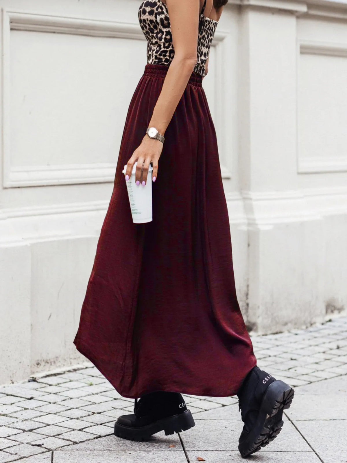 Elastic Waist High-Slit Maxi Skirt