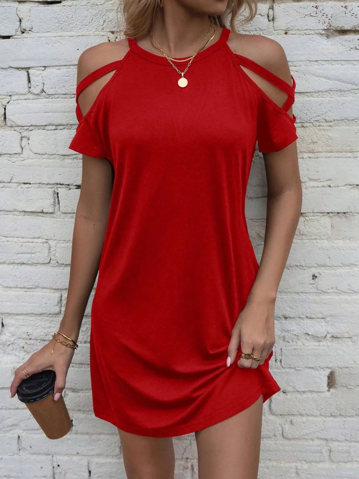 Cold Shoulder Cutout Mini Dress in Red
