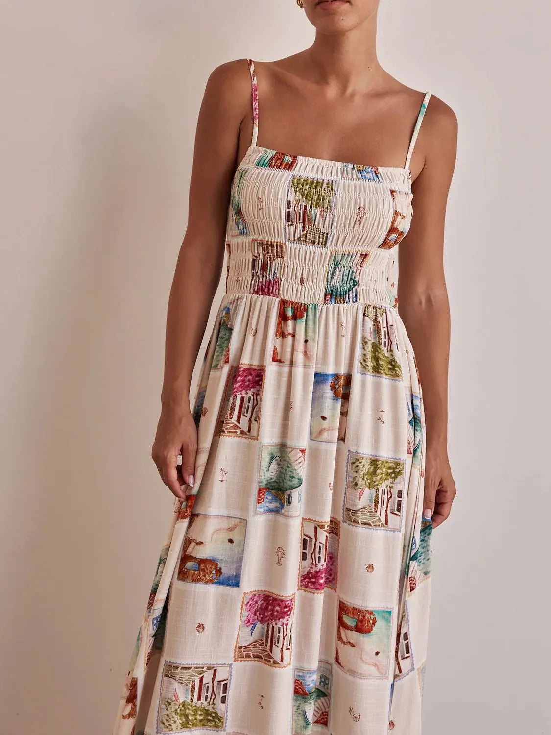 Smocked Square-Neck Cami Dress in Multicolor