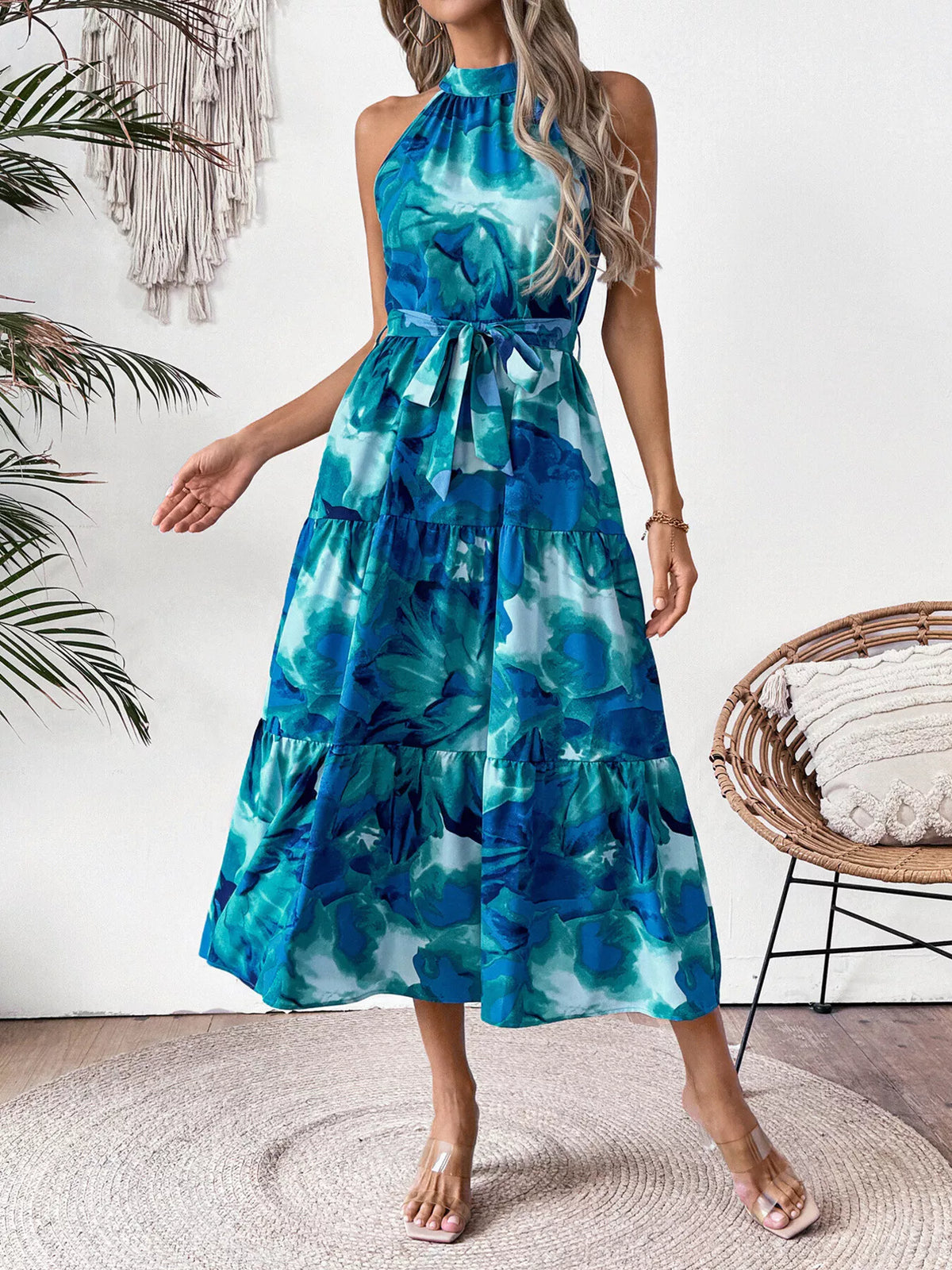 Floral Tiered Midi Dress in Blue