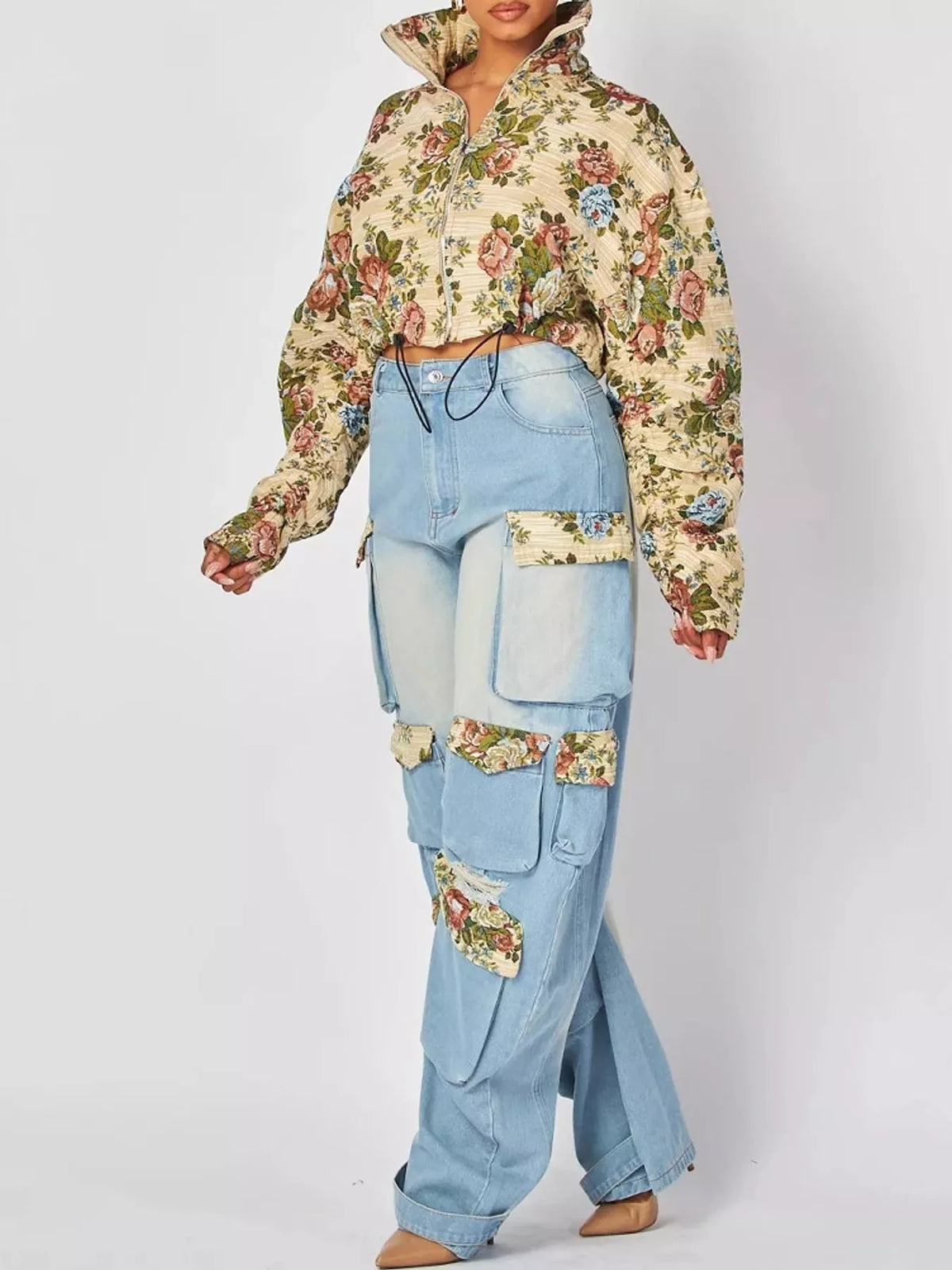 Floral Print Cropped Jacket and Cargo Jeans Set in Light