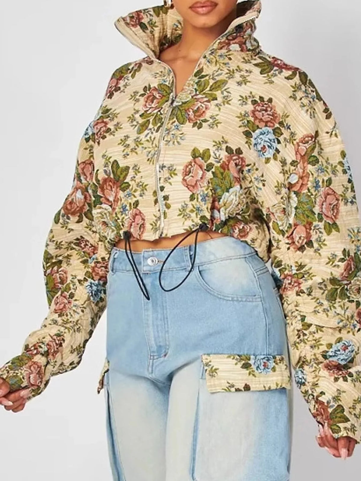 Floral Print Cropped Jacket and Cargo Jeans Set in Light