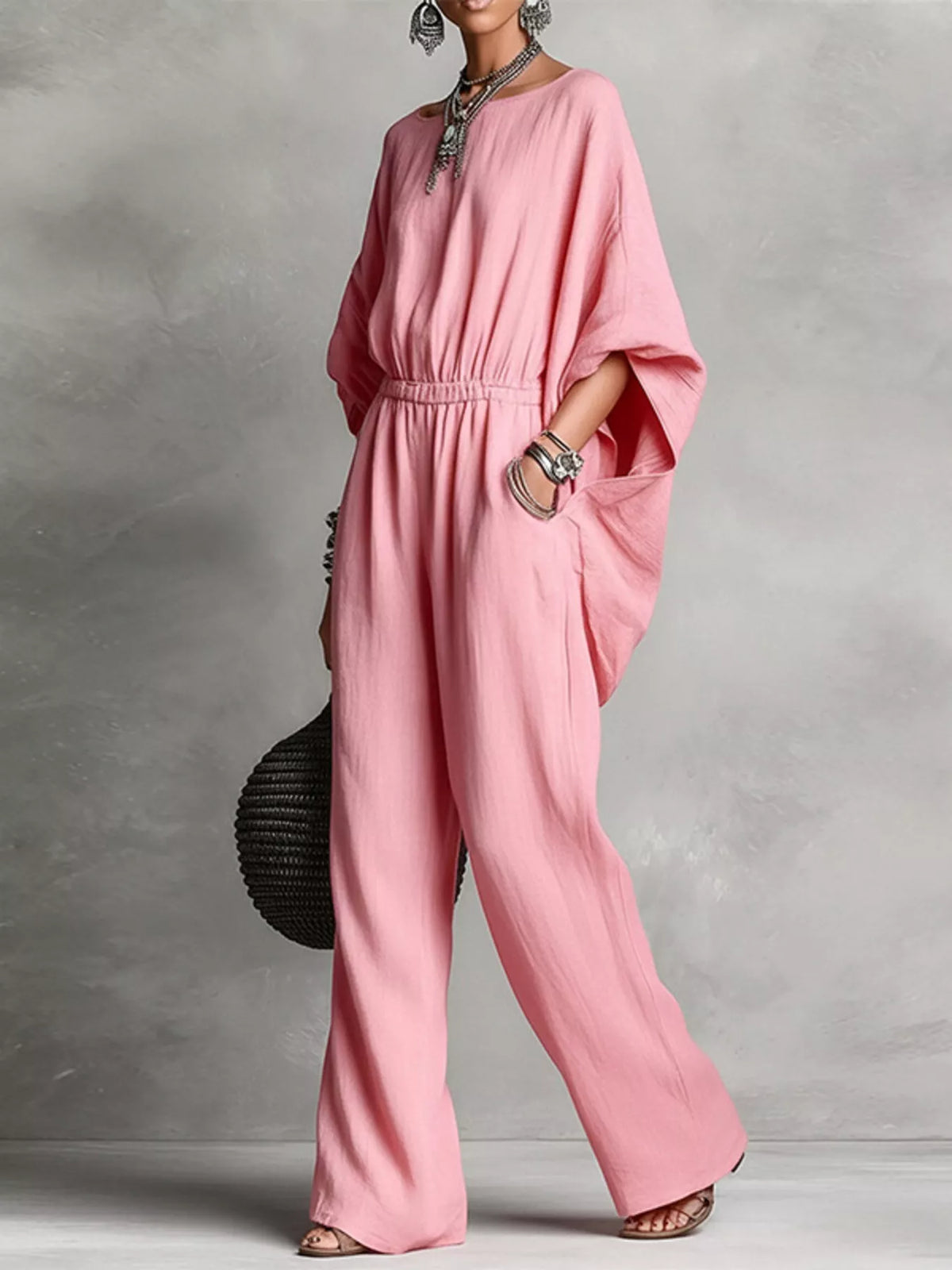 Boat Neck Batwing Sleeve Wide-Leg Jumpsuit