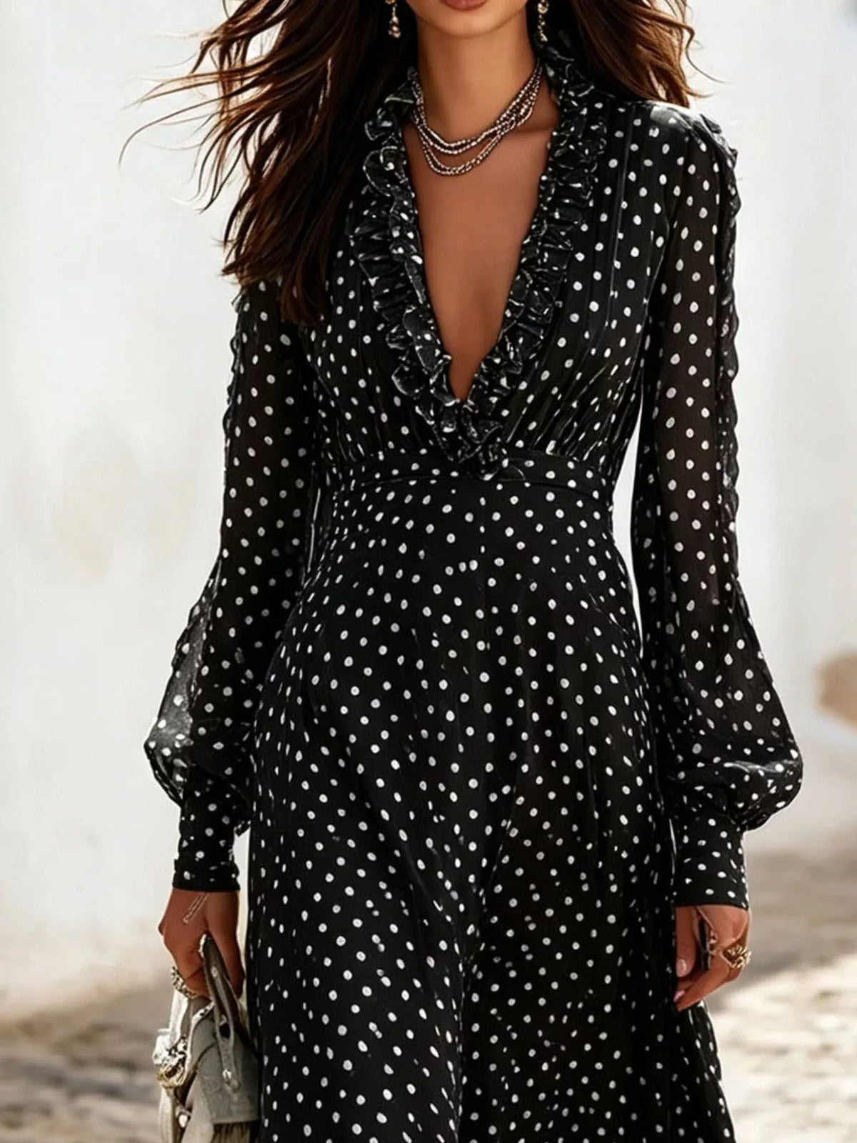 Polka Dot Ruffle V-Neck Maxi Dress