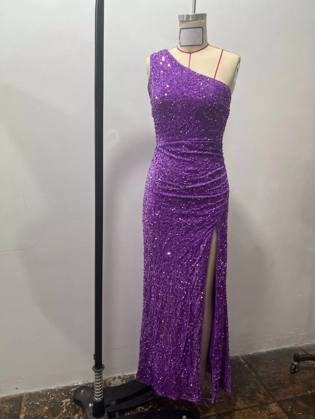 One-Shoulder Sequin High-Slit Evening Dress