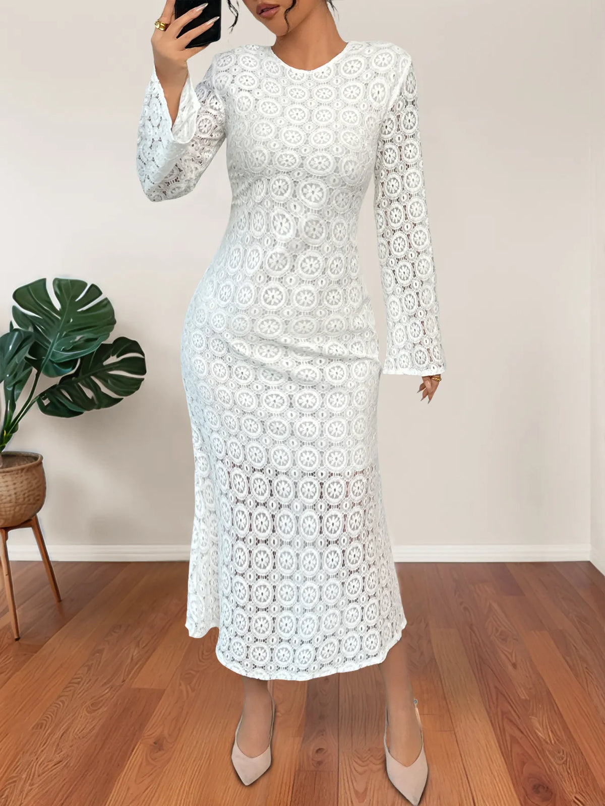 Lace Long Sleeve Midi Dress in White