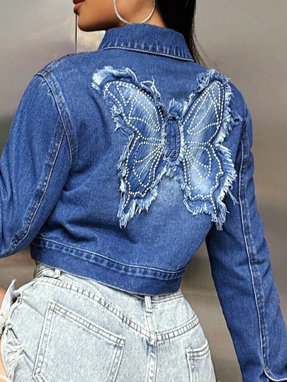 Butterfly Patch Cropped Denim Top in Medium Wash