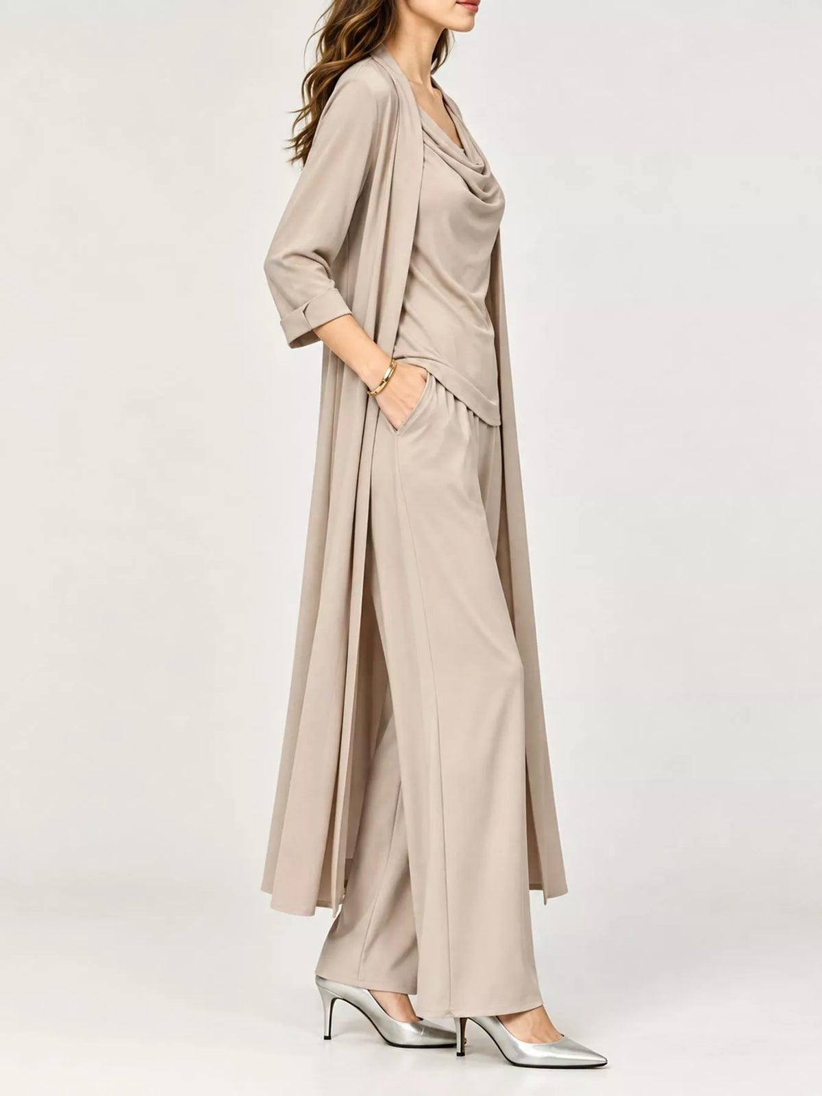 Cowl Neck Top, Cardigan and Pants Set