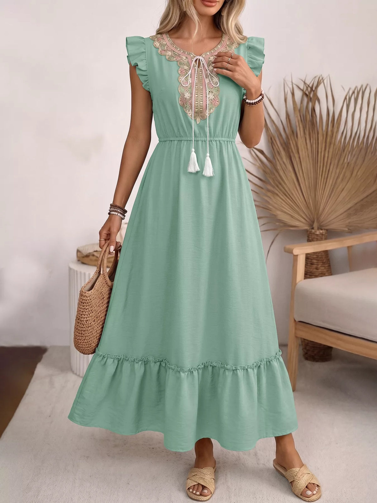 Tie-Neck Ruffle Sleeve Maxi Dress in Green