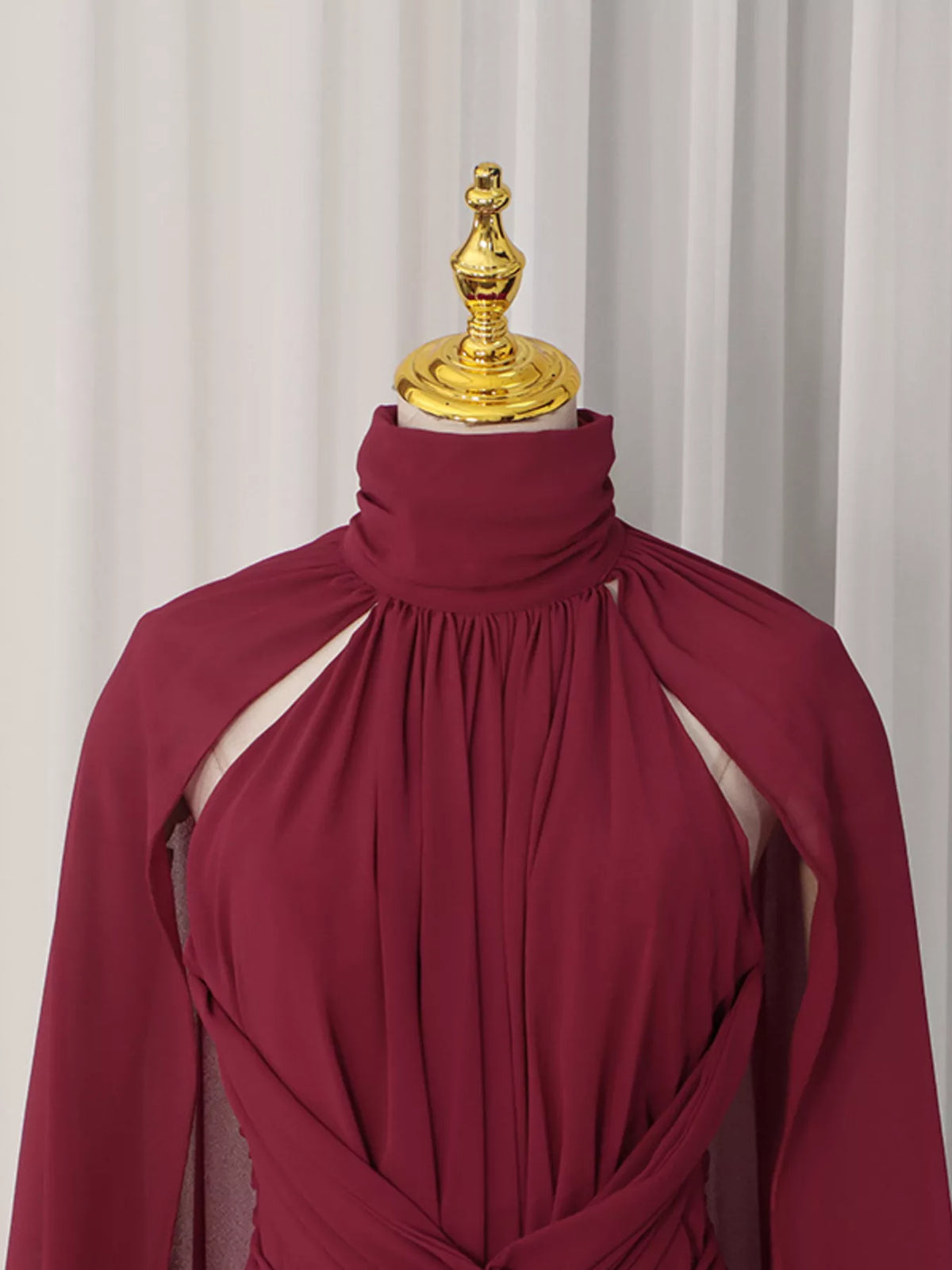 Ruched Halter Neck Cape Maxi Dress in Red