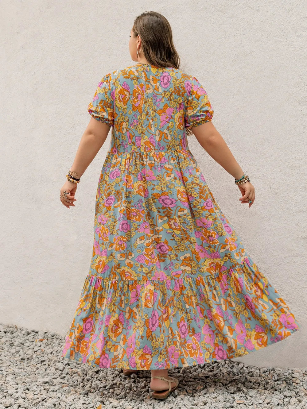 Printed V-Neck Short Sleeve Maxi Dress in Multicolor