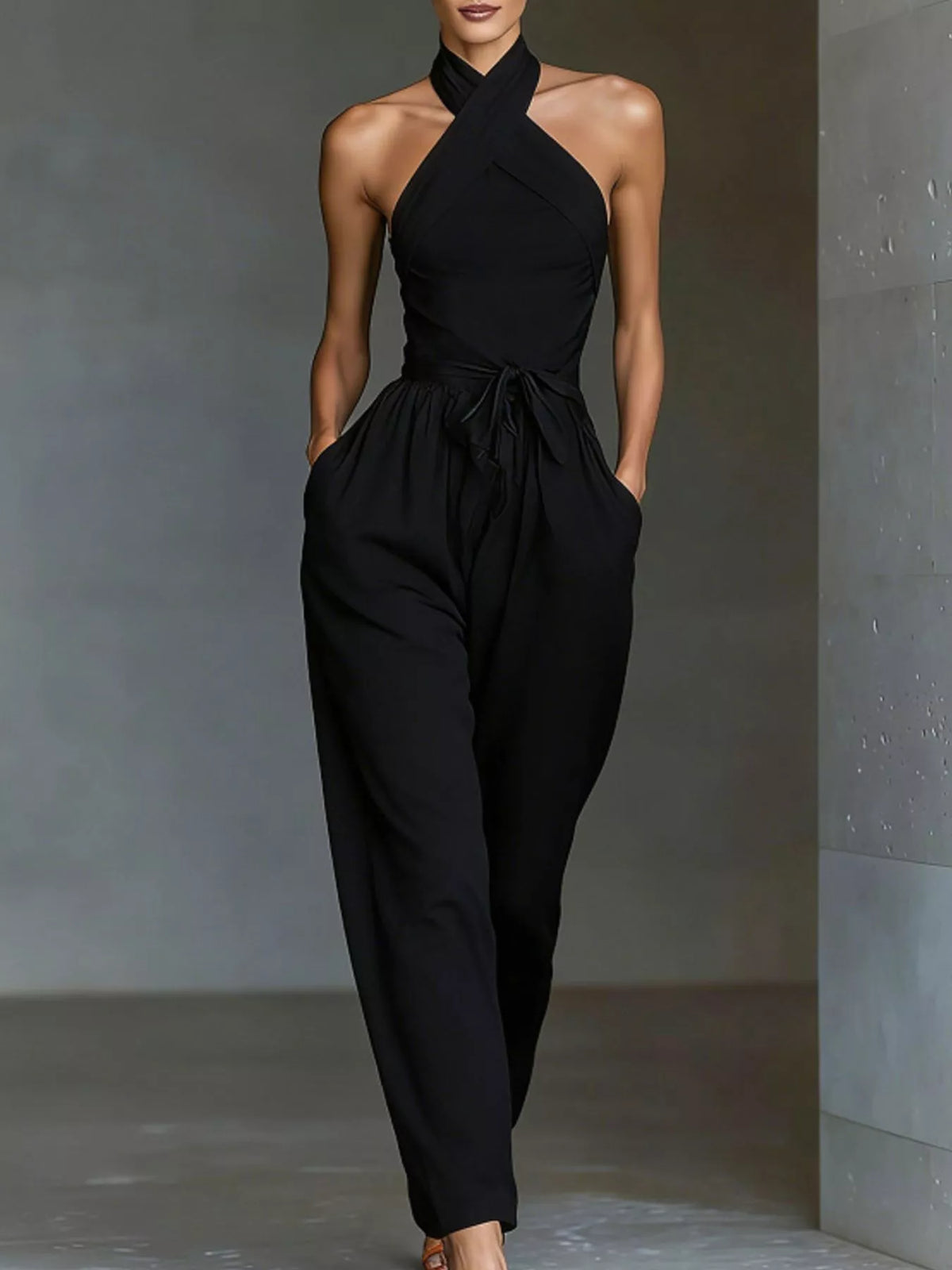 Halter Neck Wide-Leg Jumpsuit with Waist-Tie Detail
