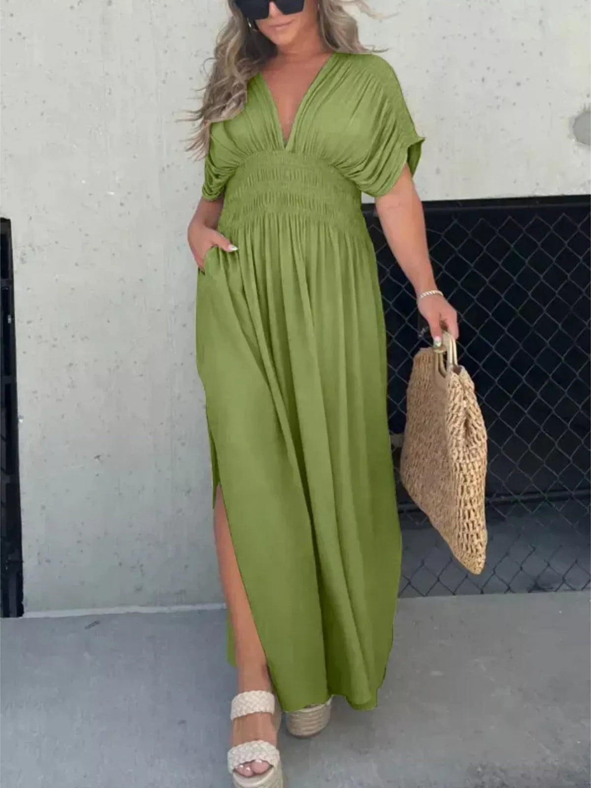 Smocked Waist V-Neck Slit Maxi Dress