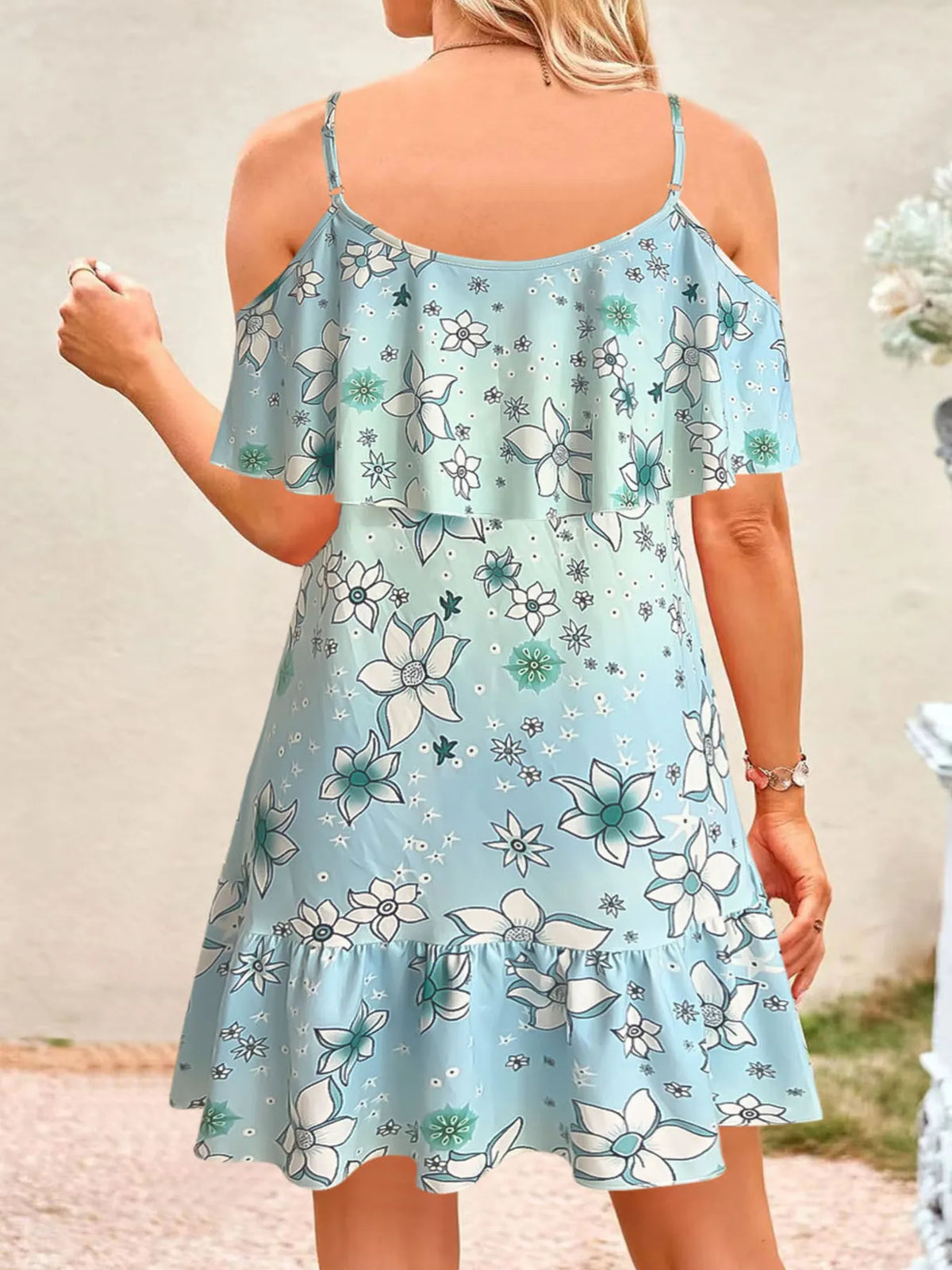 Ruffled Floral Cold-Shoulder Mini Dress