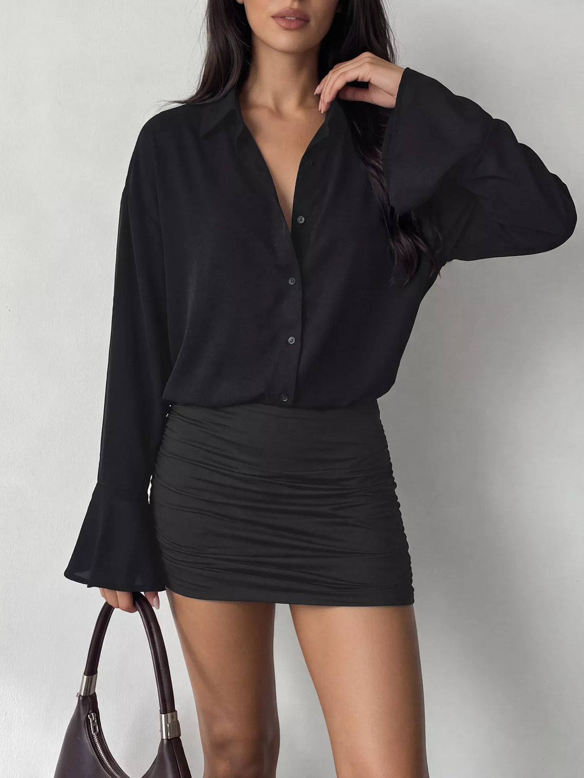 Button-Front Flounce-Sleeve Shirt Dress in Black