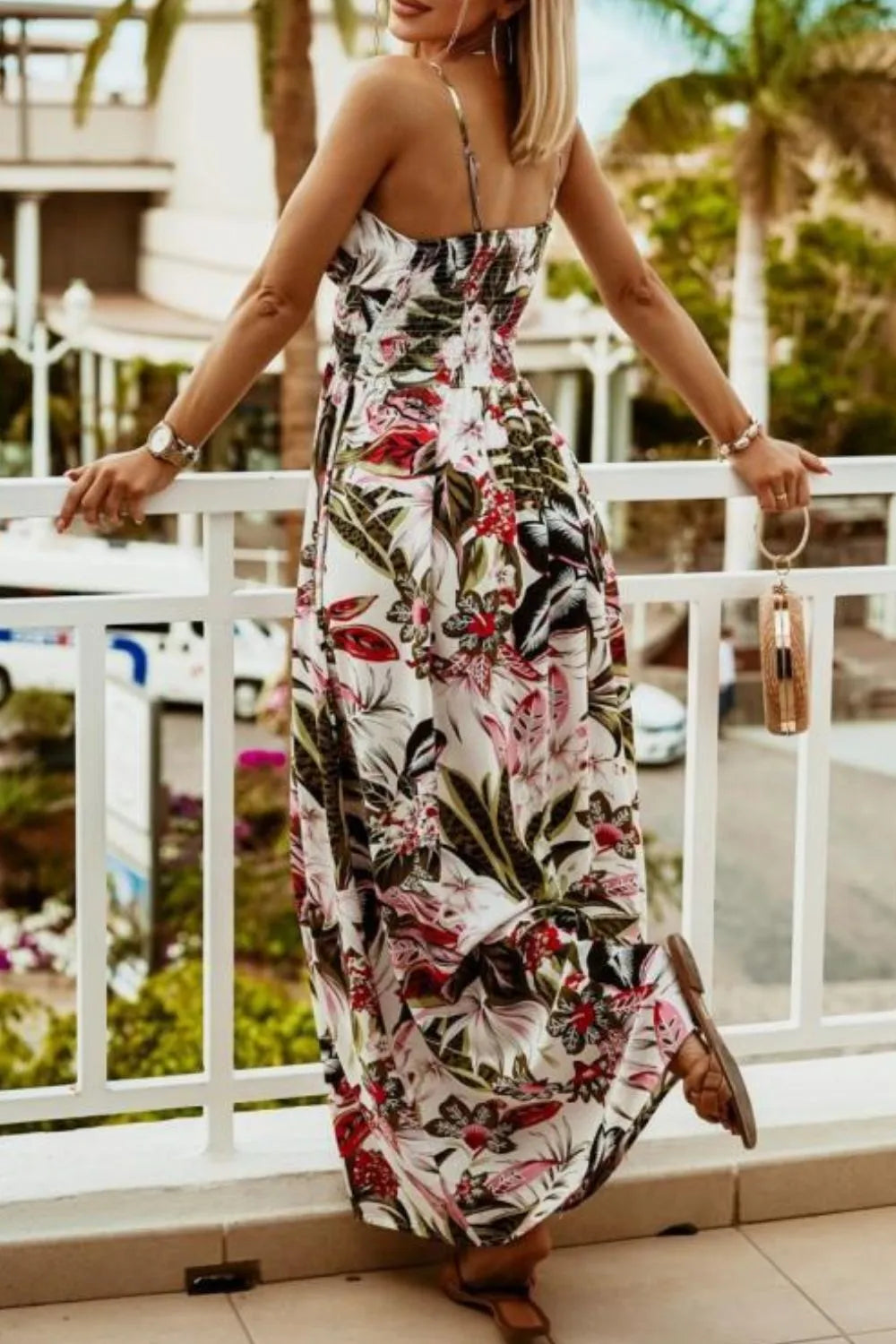 Smocked Spaghetti-Strap Printed Maxi Dress