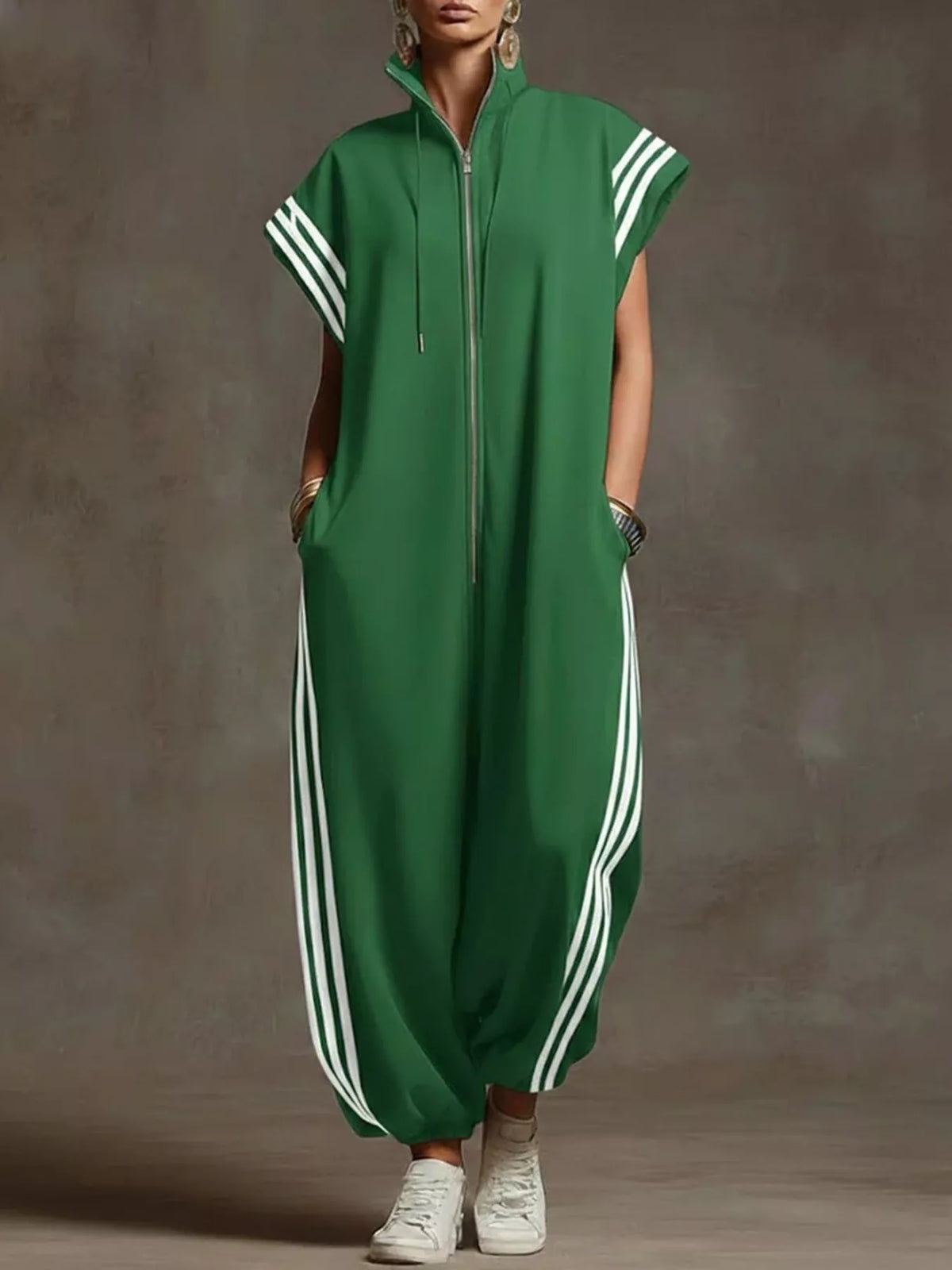 Side Stripe Zip-Front Wide-Leg Jumpsuit