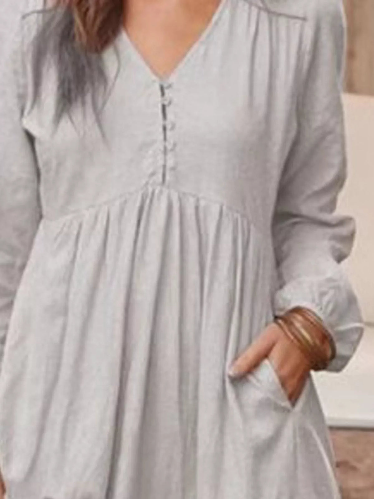 V-Neck Long Sleeve Tiered Maxi Dress with Pockets