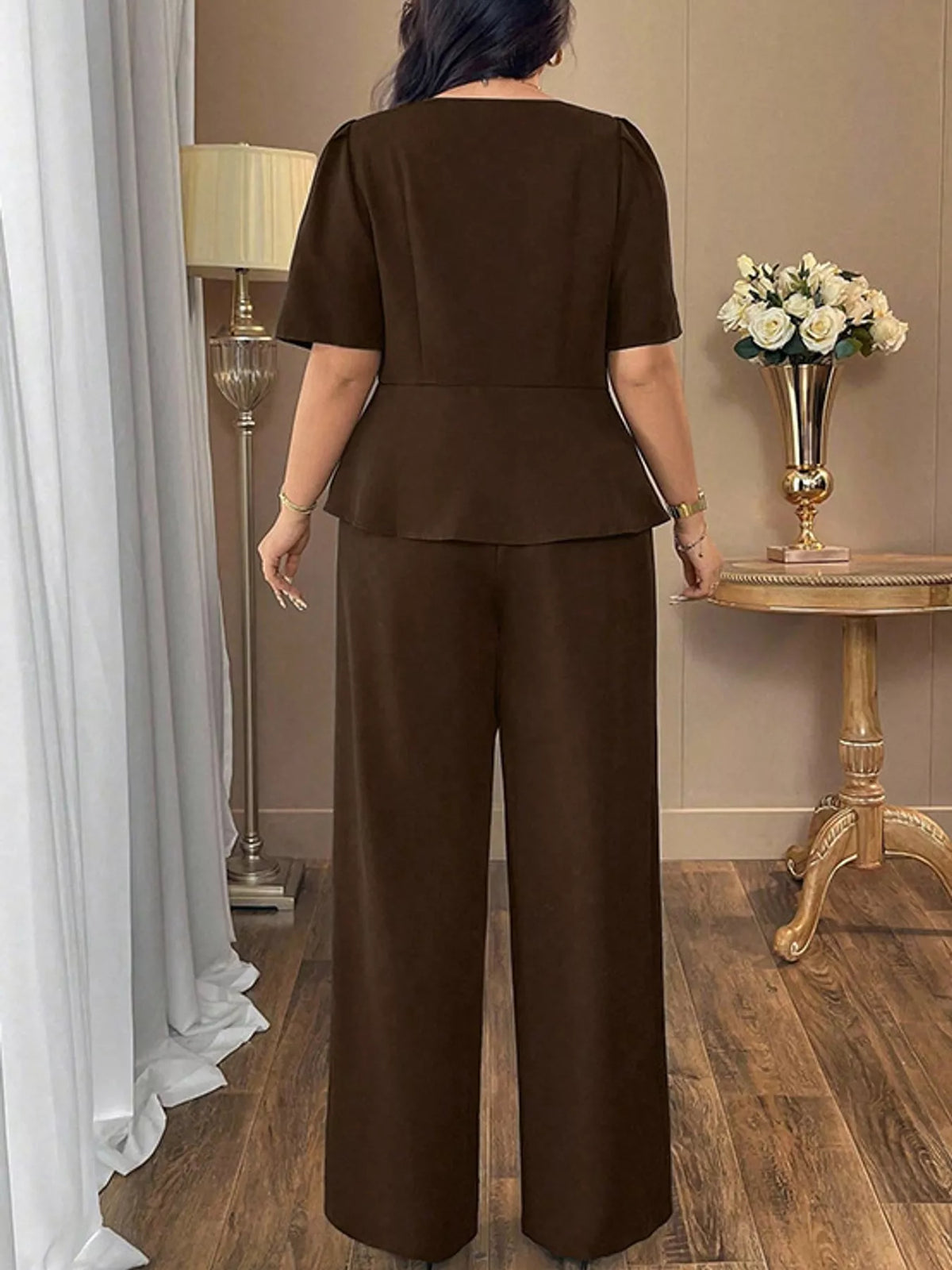 Peplum Top and Wide-Leg Pants Two-Piece Set