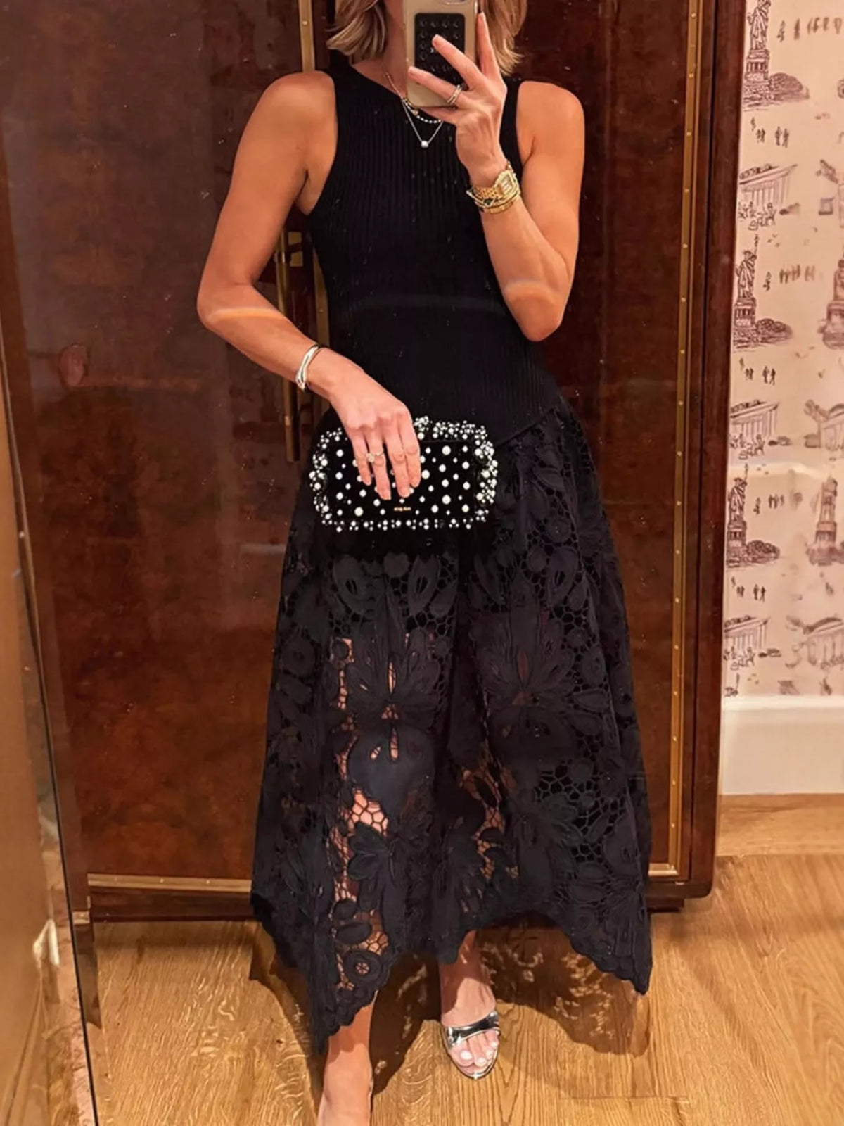 Ribbed Crochet Midi Dress in Black