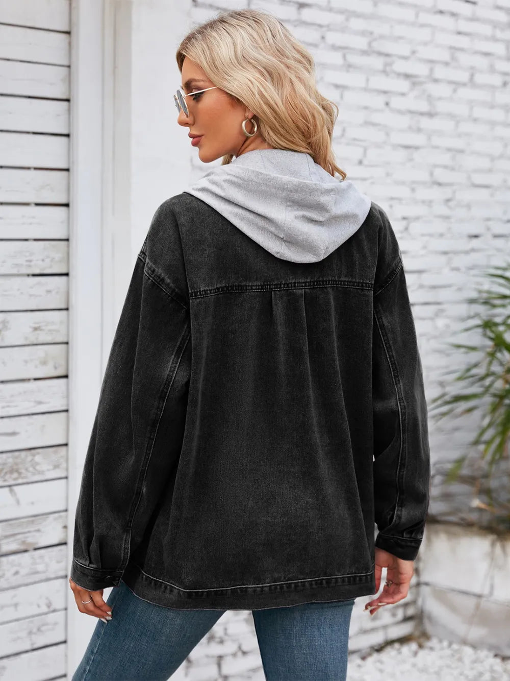 Button-Up Denim Jacket with Detachable Hood by Manny