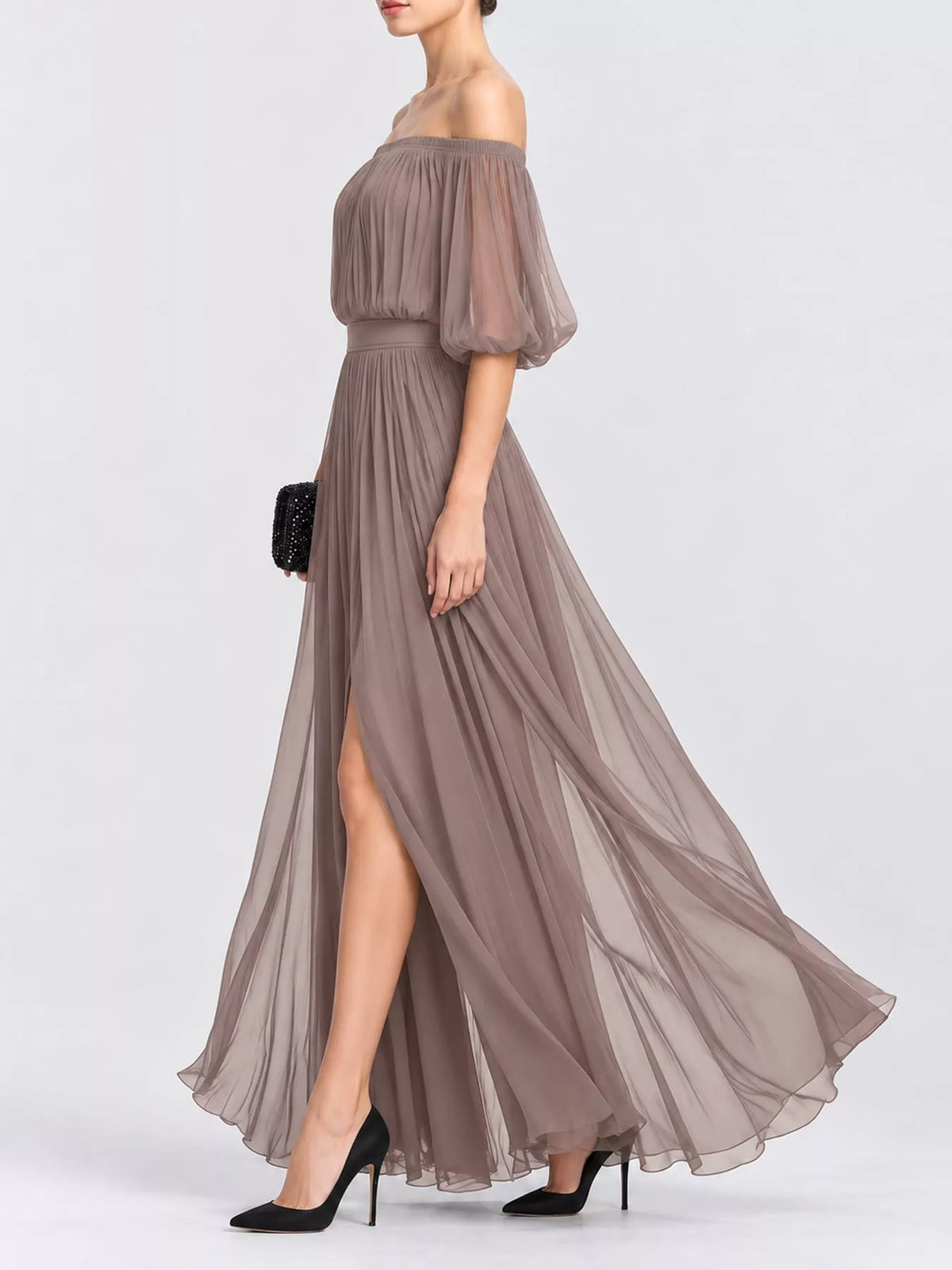 Off-Shoulder Ruched Chiffon Maxi Dress